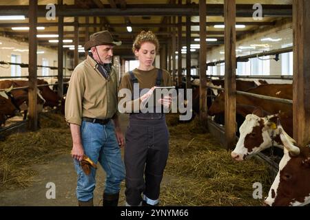 Reifer männlicher Landwirt in Casualwear und Cowboyhut, der neben jungen weiblichen Arbeitern der Viehzucht mit Tablette steht Stockfoto