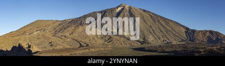 Panorama während des Aufstiegs zum Alto de Guajara, 2715 m, über den Teide Nationalpark, Parque Nacional del Teide, zum Pico del Teide, 3715 m, bei Sonnenaufgang, T Stockfoto