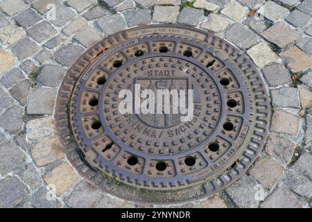 Runder Mannlochdeckel mit Stadtwappen, umgeben von Pflastersteinen, Mannlochdeckel, Mannlochdeckel, Grimma, Leipzig, Sachsen, Deutschland, Europa Stockfoto