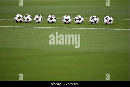 Adidas Derbystar Pro Match Bälle liegen auf Gras, Champions League, Allianz Arena, München, Bayern, Deutschland, Europa Stockfoto