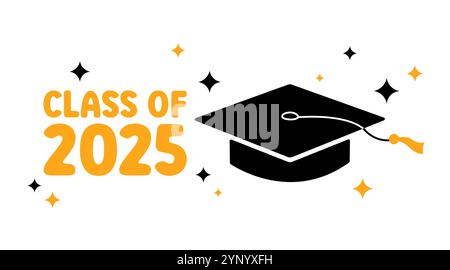 Grußkarte, Poster, Banner, Abschlussfeier 2025. Illustration der Vektorabwicklung. Schwarze akademische Kappe und goldene 2025-Zahlen auf weißem Hintergrund Stock Vektor