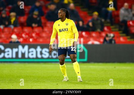 Bramall Lane, Sheffield, England - 26. November 2024 Greg Leigh (22) von Oxford United - während des Spiels Sheffield United gegen Oxford United, EFL Championship, 2024/25, Bramall Lane, Sheffield, England - 26. November 2024 Credit: Arthur Haigh/WhiteRosePhotos/Alamy Live News Stockfoto