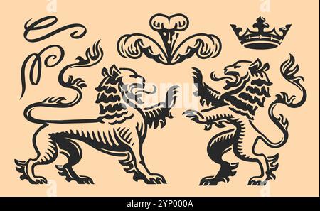 Heraldische Designelemente Set. Königliche Zeichen und Symbole Vektorillustration Stock Vektor