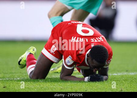 Emmanuel Latte Lath reagiert auf das Spiel der Sky Bet Championship im Riverside Stadium in Middlesbrough. Bilddatum: Mittwoch, 27. November 2024. Stockfoto