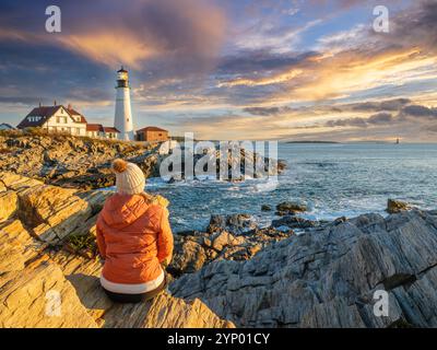Portland Head Lighthouse, Cape Elizabeth, Sunrise Portland Maine, New England, USA Stockfoto