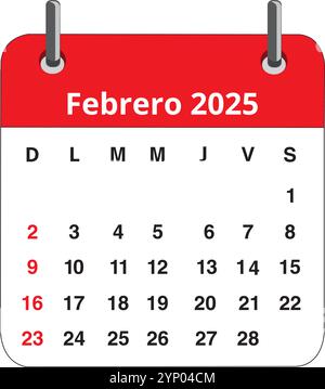 Kalenderseite Februar 2025 isoliert auf weißem Hintergrund (trad. februar) Stock Vektor