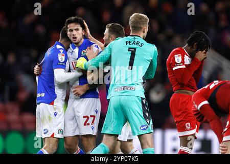 Lewis Travis der Blackburn Rovers reagiert auf das Sky Bet Championship-Spiel im Riverside Stadium in Middlesbrough. Bilddatum: Mittwoch, 27. November 2024. Stockfoto