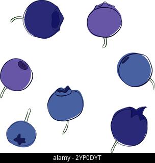 Blaubeere einsam gesetzt handgezeichnete grafische Umrisse Skizze Doodle Illustrationen Kollektion. Vektordesign für die Ausmalbuchseite Stock Vektor
