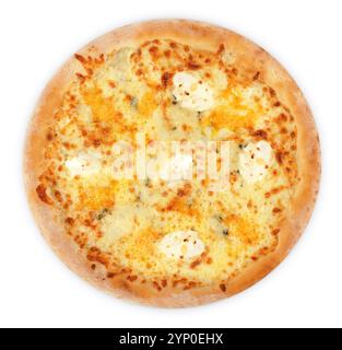 Gebackene Pizza mit vier Käsesorten auf weißem Hintergrund Stockfoto