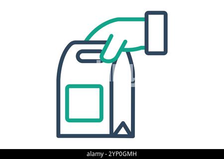 Icon zum Mitnehmen. Liniensymbolstil. Hand mit Lebensmittelverpackung. Symbol für Mahlzeit. Illustration des Vektors von Lebensmitteln Stock Vektor