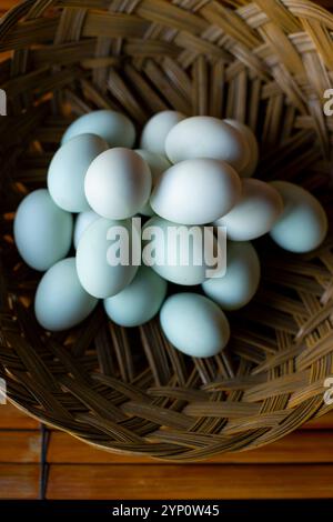 Ein Korb voller Bio-Eier in Bambus-Webkorb. Stockfoto