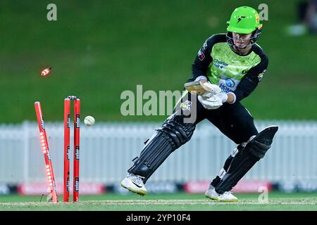 Sydney, Australien. November 2024. Ein Spieler, der beim Spiel der Women's Big Bash League „The Knockout“ zwischen Sydney Thunder und Hobart Hurricanes im Drummoyne Oval in Aktion war. Sydney Thunder gewann das Spiel der Women's Big Bash League „The Knockout“ gegen Hobart Hurricanes mit 6 Wickets (6 Bälle übrig). Hobart Hurricanes: 126/6 (20 Overs), Sydney Donner: 129/4 (19 Overs). Quelle: SOPA Images Limited/Alamy Live News Stockfoto