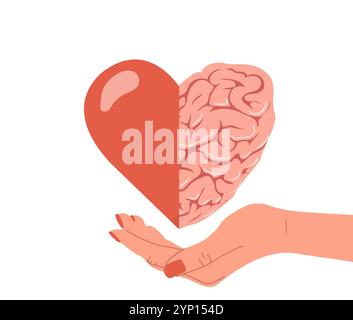 Herz-Hirn-Verbindung. Vernünftige und emotionale Wahl. Weibliche Hand, die Herz mit Gehirn hält. Vektor-Illustration in flachem Cartoon-Stil Stock Vektor