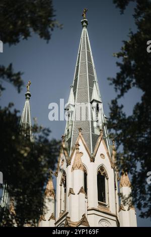 Die Türme einer historischen gotischen Kirche am Lafayette Square, Savannah, Georgia, umgeben von Bäumen unter einem klaren blauen Himmel. Stockfoto