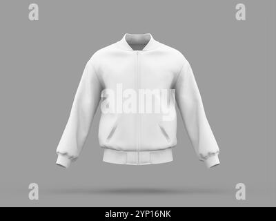 Weiße, leere Bomberjacke mit 3D-Rendering in Baseballjacke mit Vorderansicht Stockfoto