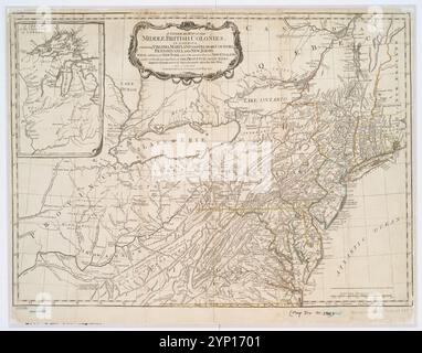 Eine allgemeine Karte der mittelbritischen Kolonien in Amerika: Mit Virginia, Maryland, den Delaware Countys, Pennsylvania und New Jersey; mit der Hinzufügung von New York und des größten Teils von New England, sowie auch der angrenzenden Teile der Provinz Quebec 1776-10-15, von Pownall, Thomas, 1722-1805 Stockfoto