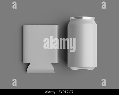 Flach gelegt weiß blank Koozie Can Cooler 3D gerenderte Mockup Stockfoto