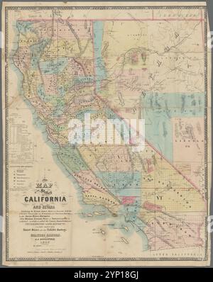 Eine neue Karte der bundesstaaten Kalifornien und Nevada mit den Flüssen, Seen, Buchten und Inseln, mit den wichtigsten Städten, Straßen, Eisenbahnen und Transitrouten zu den Silberbergbaubezirken : auch Meridian, Standard, Range und Township Lines as established : zu denen die County Boundaries und United States Land Districts 1866 von Ransom, Leander, 1800-1874 hinzugefügt werden Stockfoto