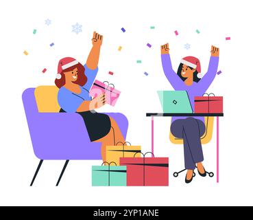 Zwei Frauen feiern Weihnachten Geschenke austauschen Konfetti Schneeflocken farbenfrohe Büroeinrichtung festlicher Beifall digitales Design Stock Vektor