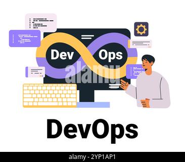 DevOps-Konzept mit Infinity-Loop-Symbolprogrammierer, der mit Computercodelementen interagiert, Zahnradsymbole farbenfrohes Design für technische Website-Banner Stock Vektor