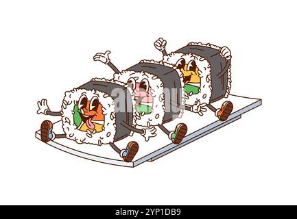 Japanische Karikaturen Rollen groovige Fast-Food-Charaktere, die auf einem Teller sitzen. Isolierter Vektor süße Hippie-Persönlichkeiten aus asiatischen und japanischen Speisen mit fröhlichem Lächeln, versprühendem Spaß und kulinarischem Abenteuer mit funky Vibe Stock Vektor