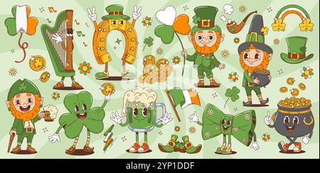 Cartoon-Retro-grüne groovige Charaktere von St. Patrick Day. Vektorfiguren von niedlichen Leprechauns, goldenen Münzen Topf und Kleeblatt. St. Patricks Regenbogen, grüner Kleeblatt, Hüte und Hufeisen Stock Vektor