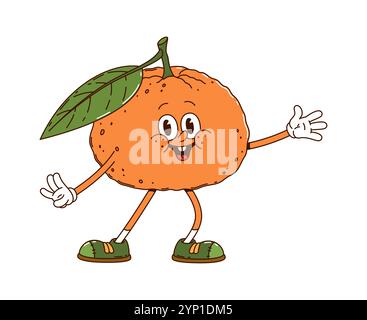 Cartoon-groovige Mandarinenfrucht-Charakter tanzen energetisch und versprühen ein Gefühl von Spannung und Spaß. Isolierte Vektorreife und fröhliche tropische Orange oder Mandarine Zitrusfrucht Retro Persönlichkeit in Sneakers Stock Vektor