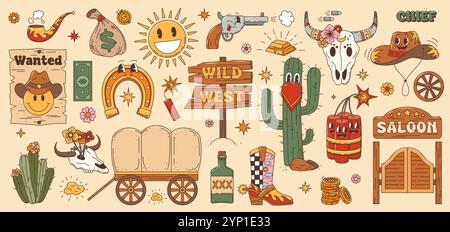 Wilde West Western groovige Charaktere und Gegenstände. Lustiger Cowboyhut, Stiefel und Texas Sheriff-Pistole, Bullenschädel, Kakteen und Sonnenfiguren. Groovige Salontür im Retro-Stil, gesuchtes Poster und Dynamit-Sticks Stock Vektor