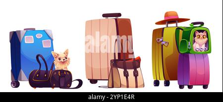 Reisegepäckset für Haustiere isoliert auf weißem Hintergrund. Vektor-Karikaturillustration des netten Hundes in der Tasche, lustige Katze im Rucksack, Reise-Gepäck und große Koffer, Tiertransport, Tourismuszubehör Stock Vektor