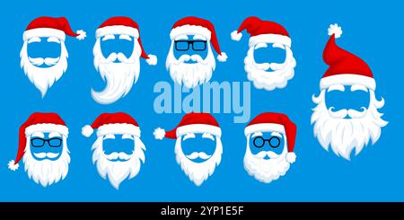 Weihnachtsmann Fotokabine Masken für Weihnachten oder Neujahr Feiertag Karneval Maskerade, Cartoon Vektor. Santa Gesichtsmaske für Fotokabine Vorlage oder Avatar Emoji mit Pompon Hut, Bart oder Schnurrbart und Brille Stock Vektor