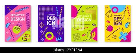 Abstrakte moderne geometrische memphis-Plakate. Vektorlinienmuster von Kreis-, Dreieck- und Quadrat-Formen, Punkten, Wellen und Kreuzen grafischen Elementen. Trendige Vorlagen für Geschäftsposter mit memphis-Muster Stock Vektor