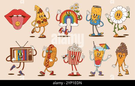 Cartoon-Retro-Figuren, Soda und Pizza, Eis- und Hot-Dog-Persönlichkeiten, tv und Regenbogen, Popcorn und Gänseblümchenblümchen, Cocktail und Frauenlippen. Vektor funky, psychedelisch, nostalgisch y2k Set Stock Vektor