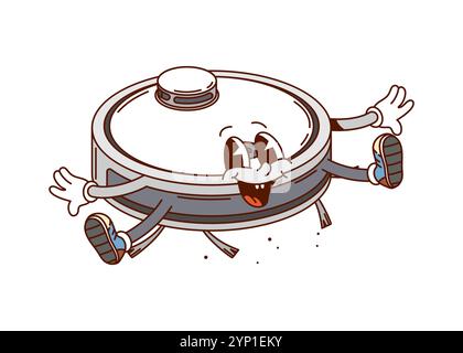 Grooviger Roboter-Staubsauger Cartoon Haushaltsfigur. Effiziente und moderne Reinigungstechnologie mit Retro-Vibe. Vector Waschen Roboter innovative Geräte für die Hausreinigung Stock Vektor