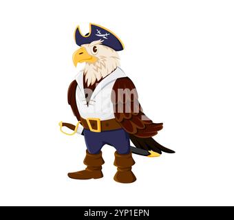 Zeichentrickadler, Tierpiraten und Korsair in Tricorn-Hut, weißem Hemd und Schwert, verkörpern klassisches nautisches Thema für maritime Abenteuer-Geschichten. Isolierter Vektor Falke Vogel Freibeuter Kapitän Stock Vektor