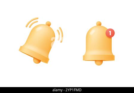 Gelbes Benachrichtigungssymbol isoliert auf weißem Hintergrund. Sammlung goldener Glocken für Ereignisbenachrichtigungen. Vektor-3D-Illustration. Stock Vektor