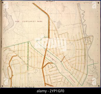 Bronx, topographische Karte Blatt 4; [Karte begrenzt durch Mosholu Ave., Jerome Ave., Bronx River, Richard St., Lorillard Terrace, Tillotson Ave., Railroad Ave., Hull Ave., Perry Ave., Bainbridge Ave., Briggs Ave., Carlin PL.; einschließlich Marion Ave., Antony Ave., Sedgwick Ave., Giles PL., Boston Ave., Heath Ave., ft. Independence St., Bailey Ave., Albany Road, Van Cortlanat Ave., New York Boston Railroad] 1873 von New York (N.Y.). Department of Parks. Topographische Abteilung Stockfoto