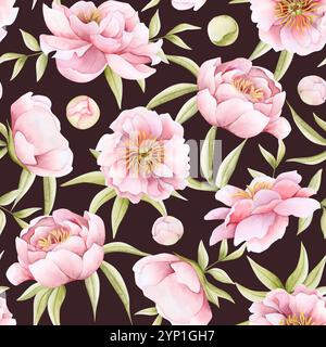 Romantische rosafarbene Pfingstrosen-Blüten mit nahtlosem Aquarellmuster auf dunkelbraunem Braun. Frühlingsrosen mit Blumenmuster Stockfoto