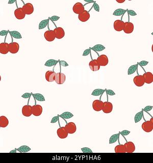 Nahtloses Kirschmuster auf beigefarbenem Hintergrund, helle und saftige Illustration, einfaches und niedliches Design mit hohem Detail Stock Vektor