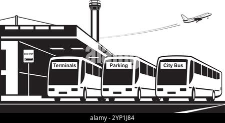 Busse vom Flughafen zu Terminals, Stadt und Parkplatz - Vektorillustration Stock Vektor