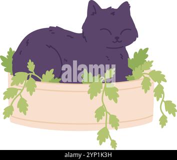 Glücklicher Katzenschlaf im Blumentopf. Niedliches Haustier-Symbol isoliert auf weißem Hintergrund Stock Vektor
