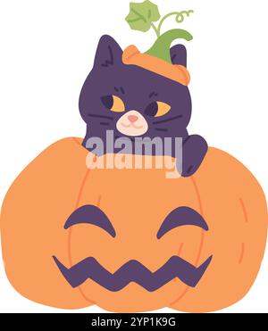 Lustiges Katzenversteck im Kürbis. Halloween gruseliges Haustier isoliert auf weißem Hintergrund Stock Vektor