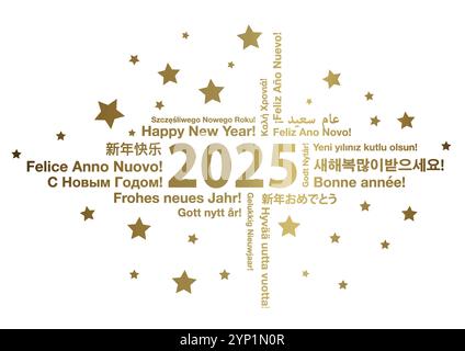 Happy New Year 2025 in verschiedenen Sprachen Wort Cloud Grußkarte Konzept, Vektor Illustration Stock Vektor