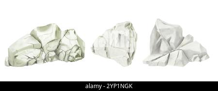 Steine, Felsbrocken und Felsfragmente im Set. Digitale Illustration mit Aquarell. Graphitstein und Steinsteine gesetzt, Waldblöcke isoliert auf weißem Rücken Stockfoto