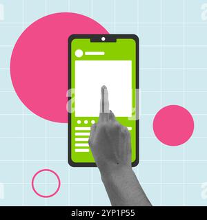 Handberührungsbildschirm des Smartphones mit Mockup der Social Media App. Konzept der Interaktion mit digitalen Technologien. Vektor-Pop-Art-Illustration. Stock Vektor