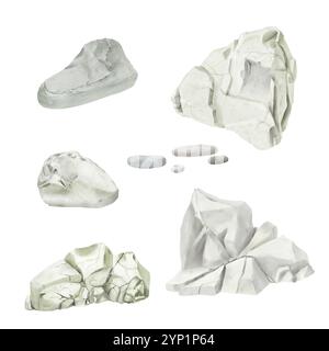Graue Steine, Felsbrocken und Felsfragmente im Set. Digitale Illustration mit Aquarell. Graphitstein und Steinsteine gesetzt, Waldblöcke isoliert auf weiß Stockfoto