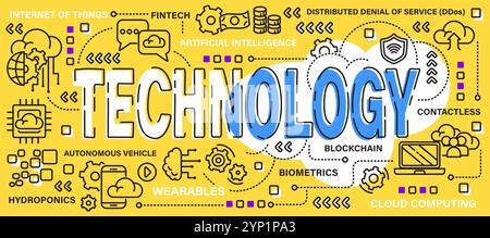 Technologie . Wort mit Linie Symbol Art Bannerstil . Editierbarer Schlaganfall. Vektor . Stock Vektor