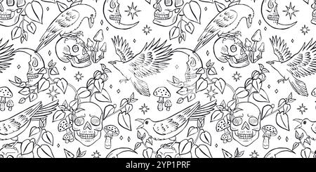 Nahtloses Schwarz-weiß-Muster mit handgezeichneten Tintenrabben oder Krähen, die auf menschlichen Schädeln sitzen Stock Vektor