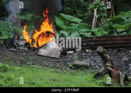 Laguna, Philippinen. 28. November 2024: Müllfeuer am Rande eines Waldes. Viele Filipinos verbrennen Müll in Hinterhöfen, eine häufige Ursache für Fehden in der Nachbarschaft. Das Gesetz verbietet offenes Abbrennen, aber diese umweltschädliche und schädliche Praxis namens „Pagsisiga“ ist in ländlichen Gebieten weit verbreitet. Dämpfe und Verbrennungsrückstände von Haushaltsabfällen, Elektronik, Kunststoff, Synthetik, Chemie, Pappe, organische Materialien verschmutzen Umwelt, Grundwasser und Luft. Die fünfte Sitzung des zwischenstaatlichen Verhandlungsausschusses für Kunststoffverschmutzung (INC-5) findet diese Woche in Südkorea statt. Quelle: Kevin Izorce/Alamy Live News Stockfoto