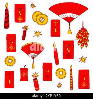 Clip-Art Zum Chinesischen Neujahrsfest Einfache farbenfrohe Symbolgruppe, Stock Vektor