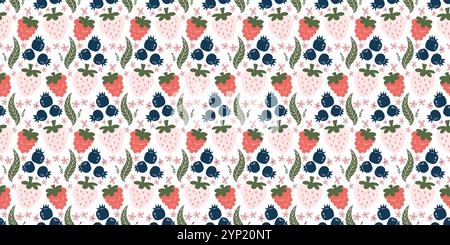 Nahtloses gemischtes Beerenmuster mit Erdbeeren, Himbeeren, Heidelbeeren, grünen Blättern und rosa Blumen auf weißem Hintergrund für dekorative Designs Stock Vektor